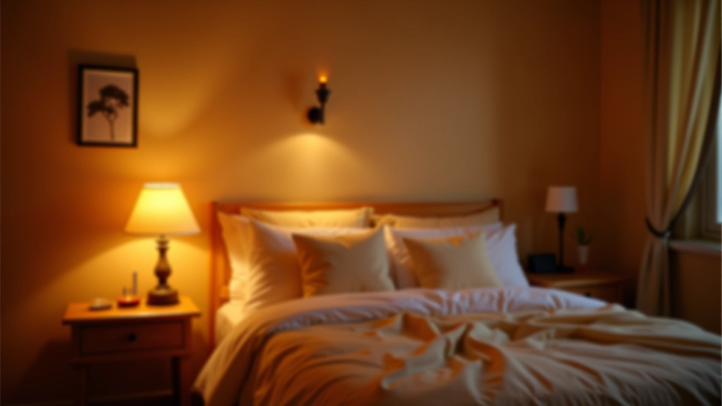 Warm layered lighting setup in a bedroom with multiple light sources at different heights