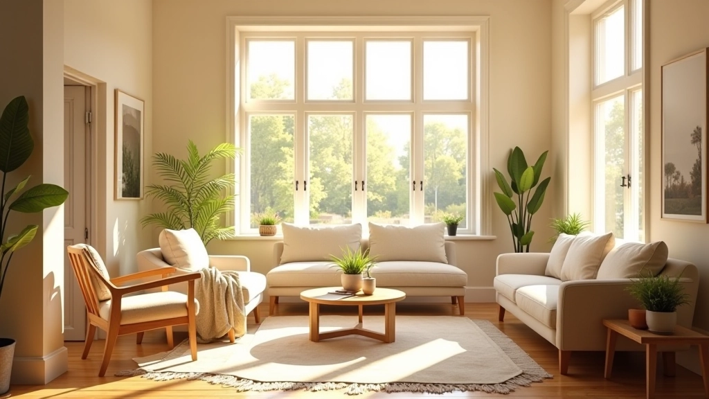 Bright living room flooded with natural daylight from large windows