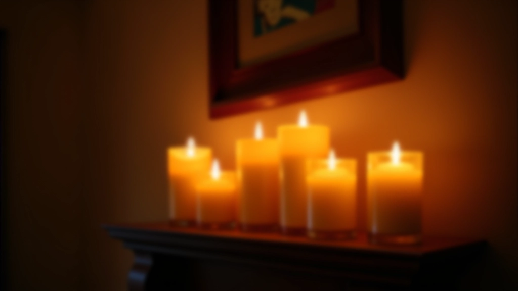 Collection of lit candles in glass holders arranged on a wooden shelf in a British home
