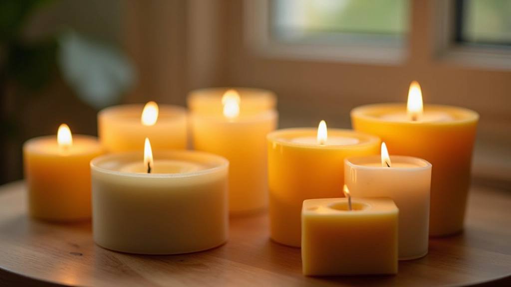 Array of different candle types in varying colours and container styles arranged on a wooden surface with natural light