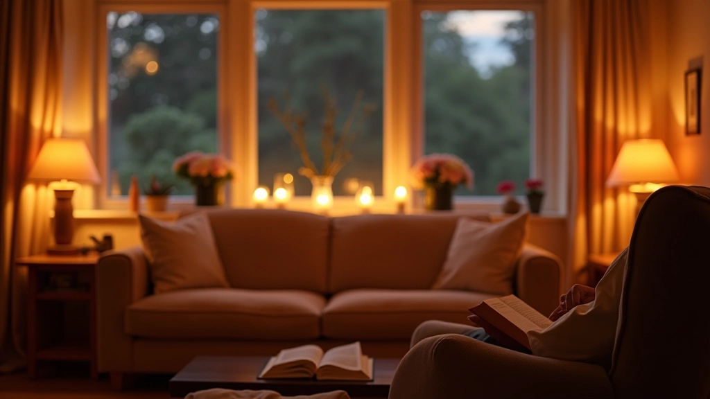 Warm-lit living room with layered lighting, comfortable seating, and soft ambient glow in the evening
