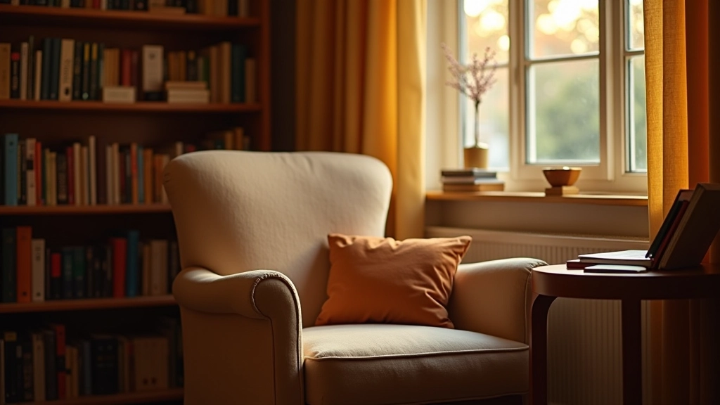 Reading nook with natural daylight from window, comfortable chair, side table with lamp, and bookshelves
