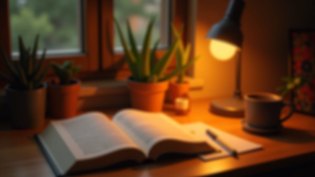 Close-up of a reading setup showing desk lamp positioned at ideal angle beside workspace with warm light illuminating papers and book