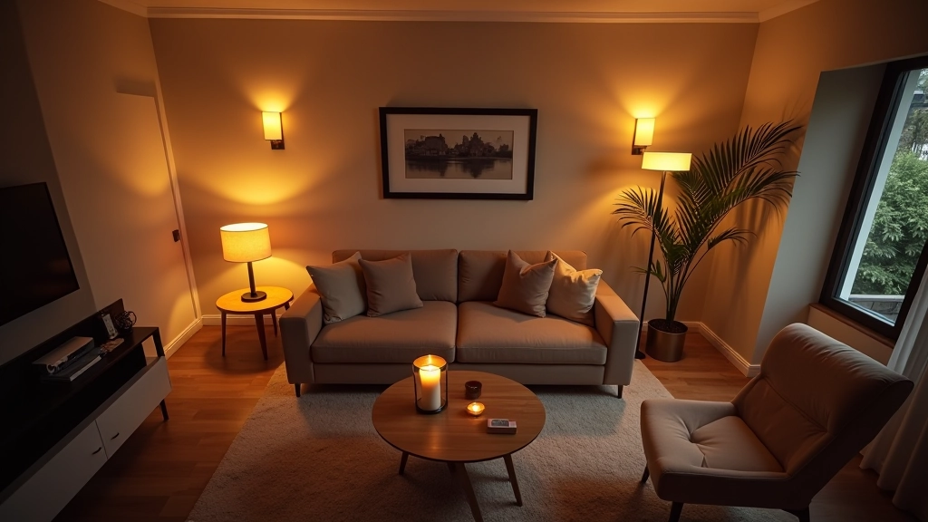 Overhead view of a living room showing placement of ambient ceiling light, task lamp beside sofa, and accent wall sconces