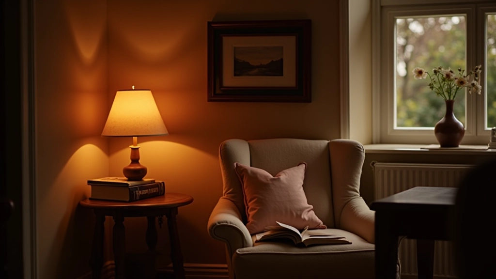 Cozy reading nook with warm layered lighting, comfortable chair, bookshelf, and soft afternoon light