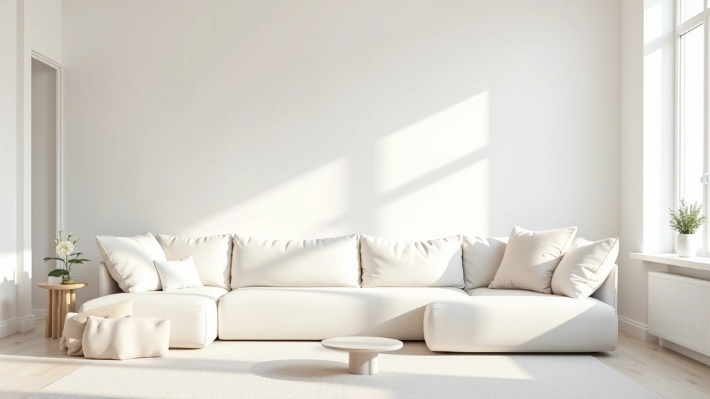 Light-coloured living room with reflective surfaces including white walls, mirrors, and pale furnishings maximizing daylight spread