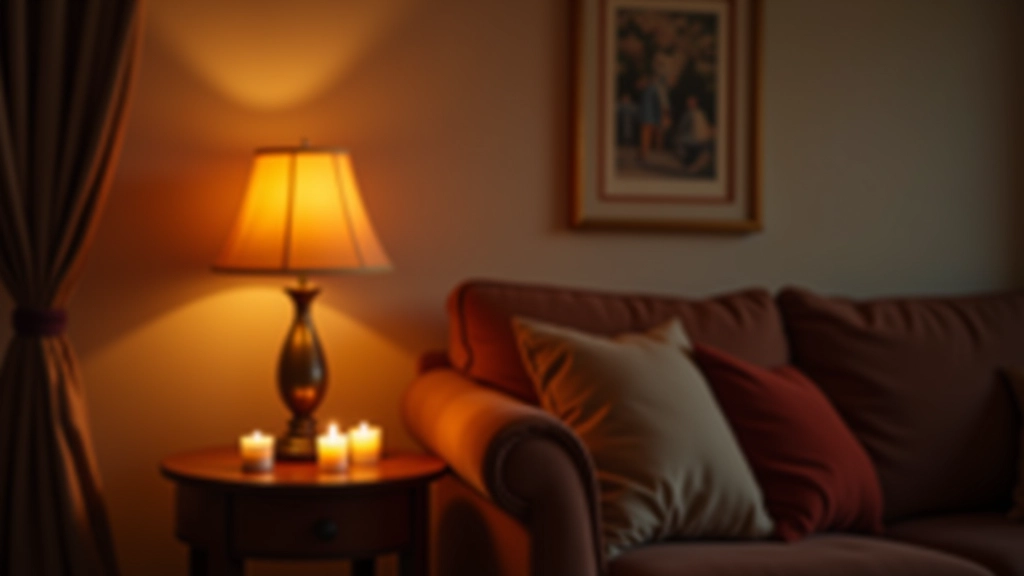 Layered lighting setup in a living room showing table lamps, candlelight, and warm ambient lighting creating depth
