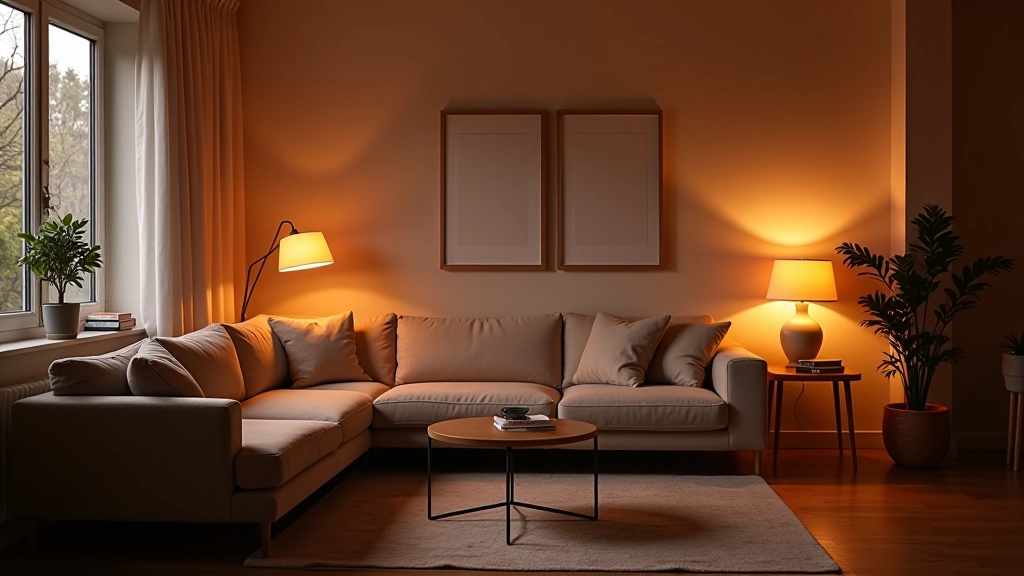 Warm layered lighting in a modern living room with table lamps and wall sconces creating depth