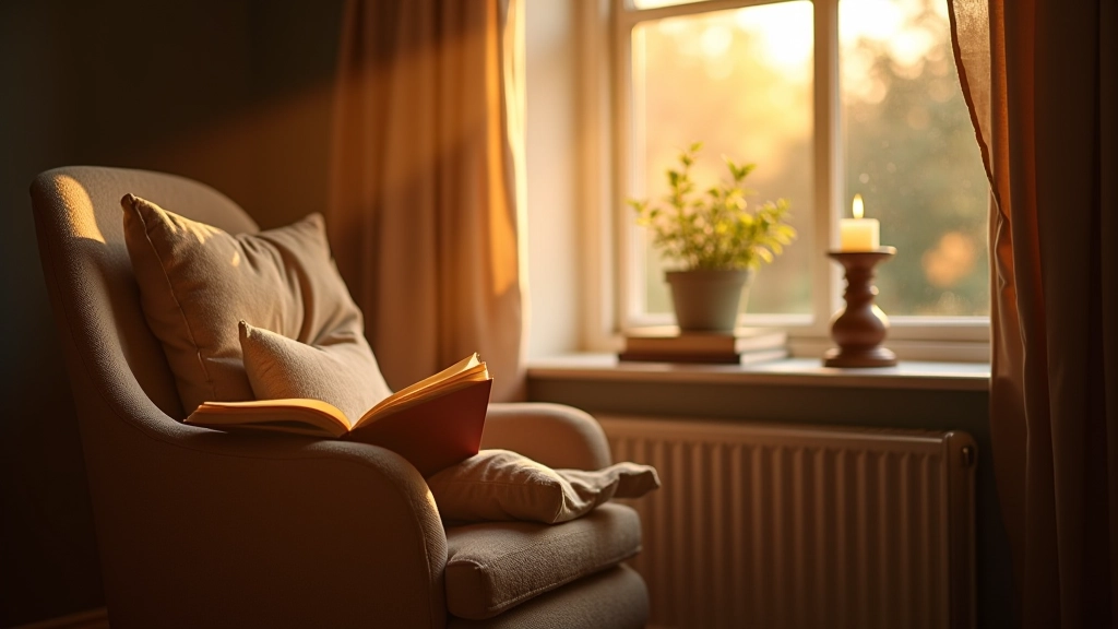 Reading chair positioned by window with natural light falling at an angle, cozy interior with warm tones