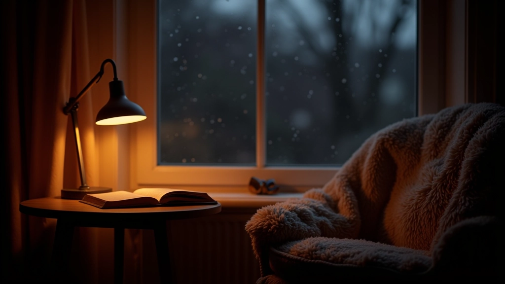 Reading nook in winter evening with warm lamp light, blanket, cosy atmosphere, rain visible on window