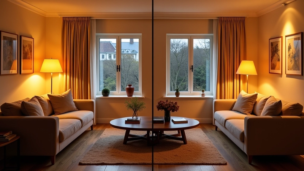 Colour temperature comparison chart showing warm 2700K light versus cool 5000K light in identical rooms