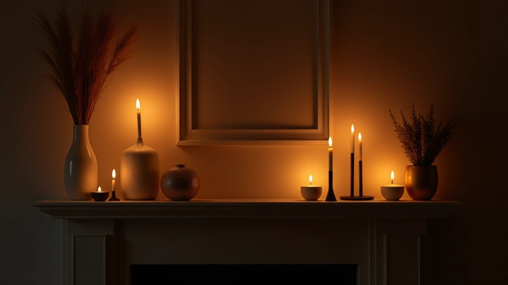 Decorative shelf with candles and small accent lamps creating pools of warm light and shadow