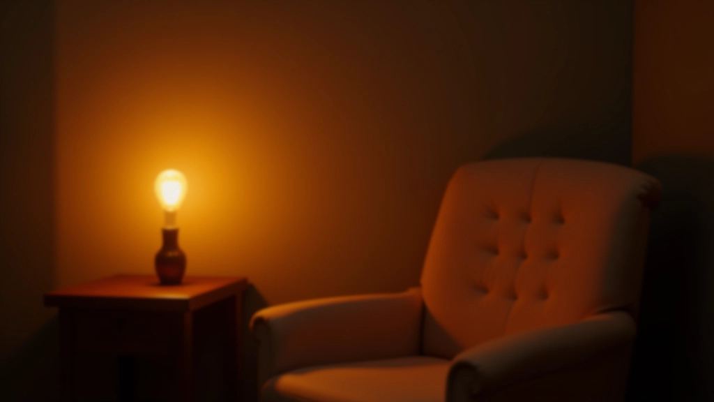 Table lamp with warm bulb next to reading chair, creating soft ambient lighting in evening setting