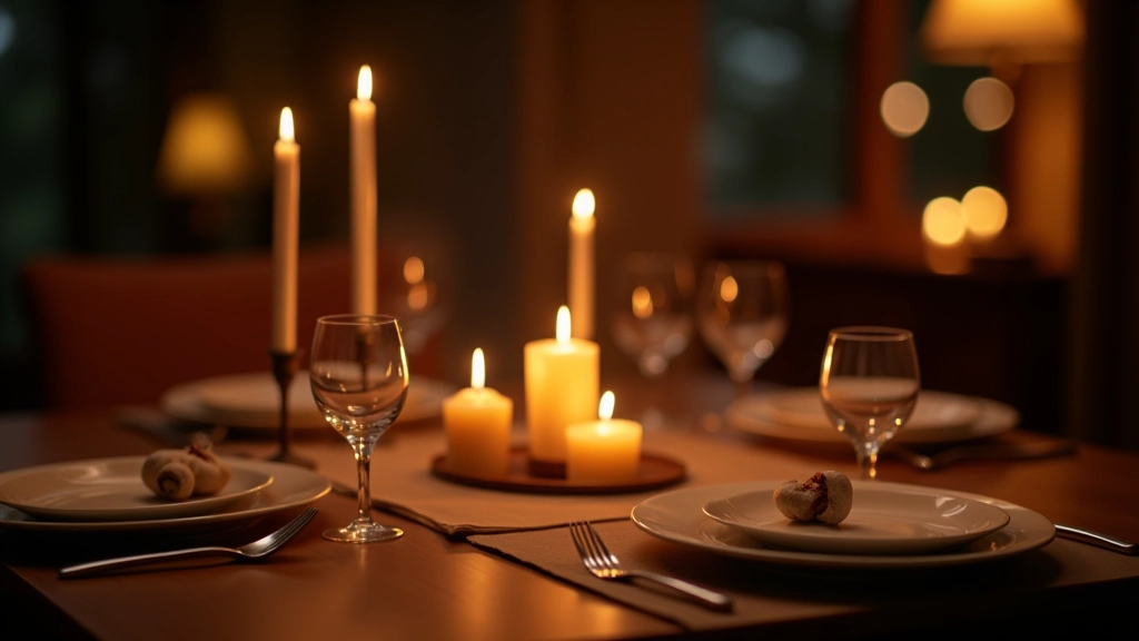 Careful arrangement of candles at varying heights on a dining table with glassware and a table runner