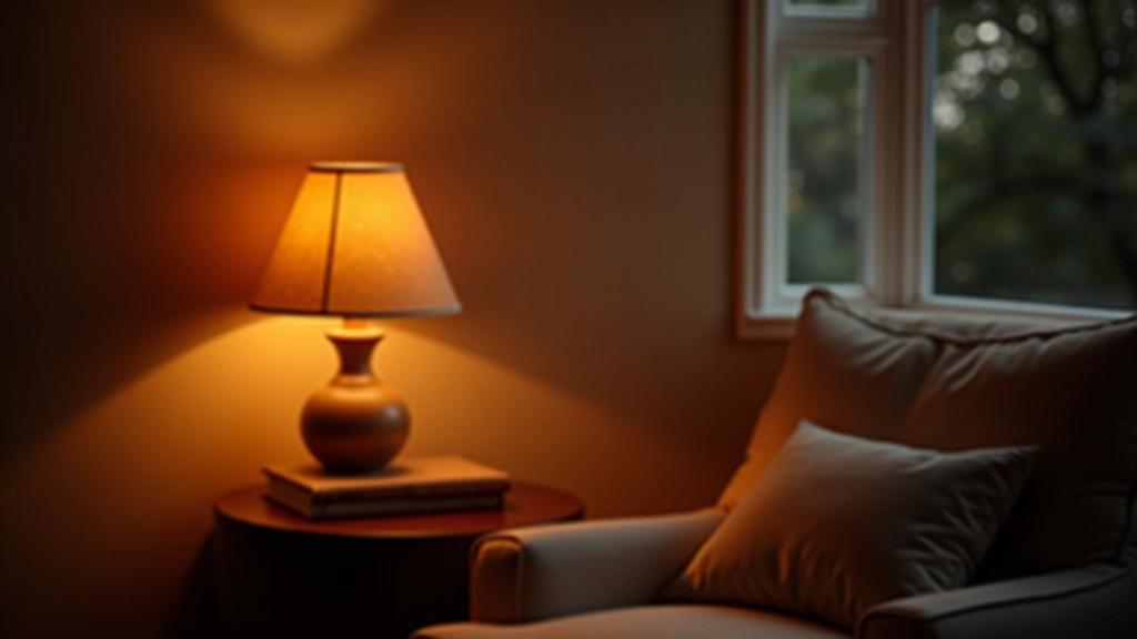 Warm lamp lighting in a cozy reading corner with cushions and books
