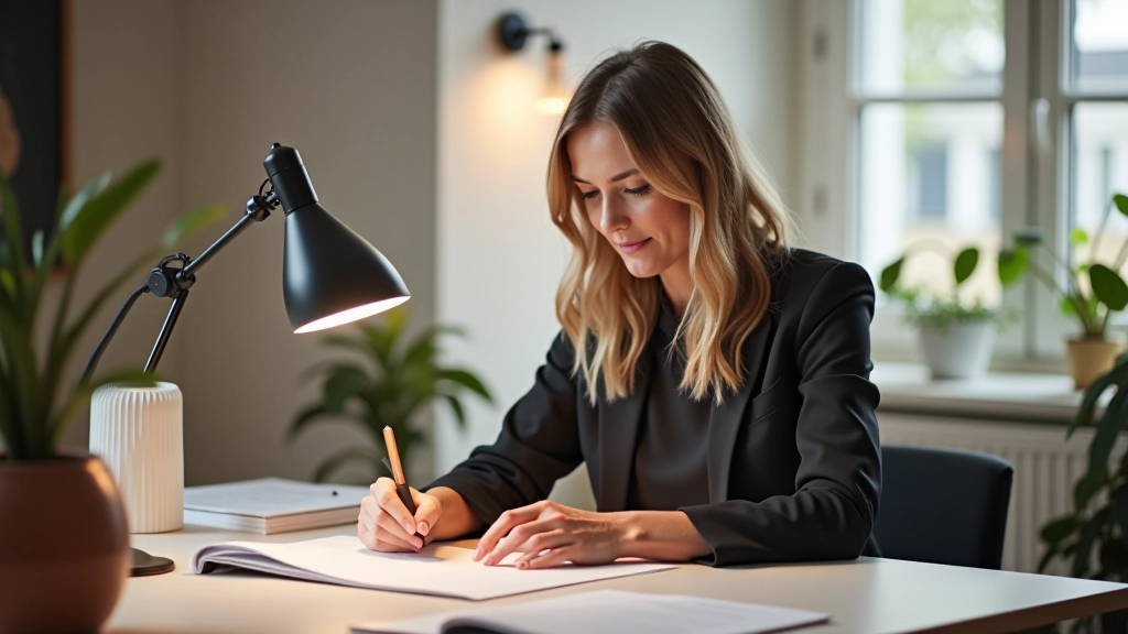 Eleanor Hartwell working on lighting design concepts in her studio workspace